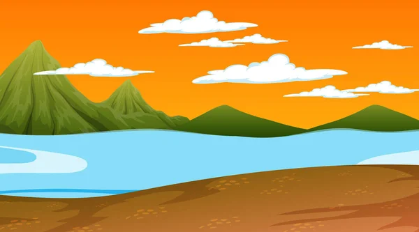 Scène Nature Coucher Soleil Avec Paysage Prairie Illustration Fond Montagne — Image vectorielle