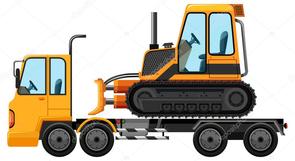 Tow truck carrying bulldozer isolated background illustration