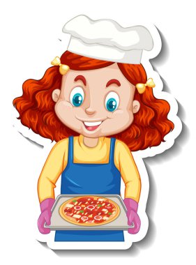 Çizgi film karakteri çıkartması. Şefin elinde pizza tepsisi resmi var.