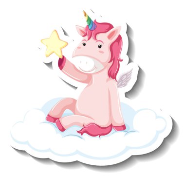 Beyaz arkaplanda bulutun üzerinde oturan şirin tek boynuzlu at.