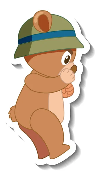 Carino Orso Cartone Animato Indossando Cappello Adesivo Vista Laterale Illustrazione — Vettoriale Stock
