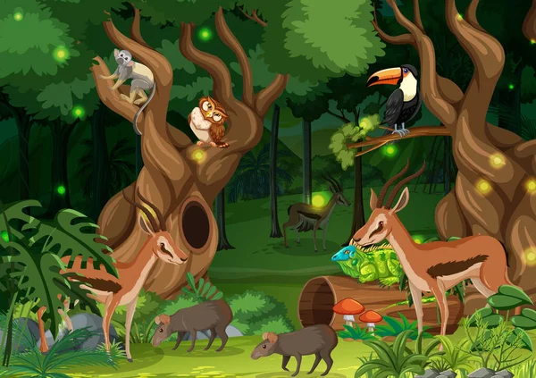 Animali Selvatici Nel Paesaggio Forestale Sfondo Illustrazione — Vettoriale Stock