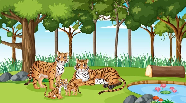 Tigerfamilie Wald Oder Regenwald Szene Mit Vielen Bäumen Illustration — Stockvektor