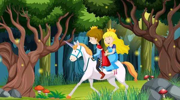 Fantasy Waldszene Mit Prinz Und Prinzessin Illustration — Stockvektor