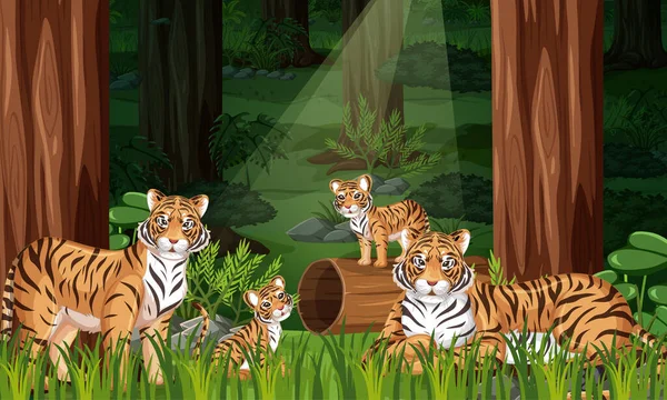 Familia Tigres Paisaje Forestal Fondo Ilustración — Archivo Imágenes Vectoriales