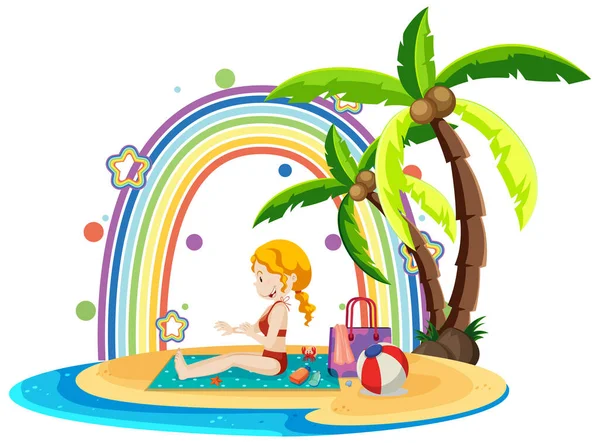 Regenbogen Auf Der Insel Mit Einem Mädchen Strand Illustration — Stockvektor