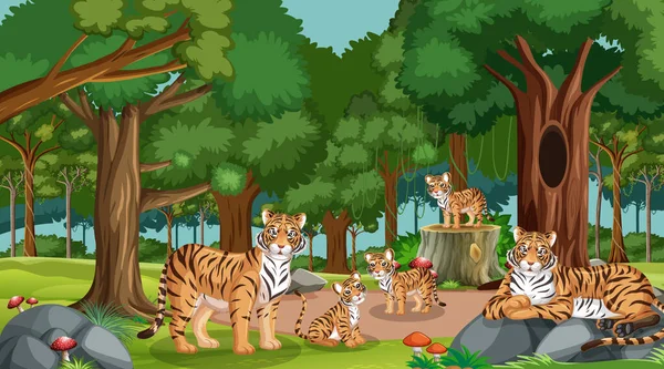 Famiglia Tigre Nella Foresta Nella Foresta Pluviale Scena Con Molti — Vettoriale Stock