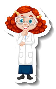 Çizgi film karakteri çıkartması. Üzerinde bilim elbisesi resimli bir kız var.