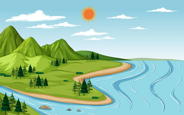 Paisaje Natural Con Ilustración Montaña Río — Vector de stock