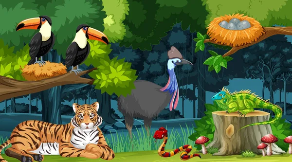 Animaux Sauvages Dans Paysage Forestier Illustration Fond — Image vectorielle