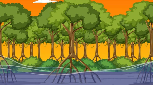 Adegan Alam Dengan Hutan Mangrove Saat Matahari Terbenam Dalam Ilustrasi - Stok Vektor