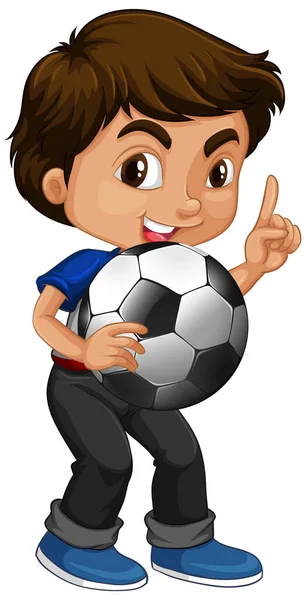Roztomilý Mladý Chlapec Kreslený Postava Drží Fotbal Ilustrace — Stockový vektor