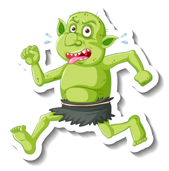 Ilustración Etiqueta Engomada Personaje Dibujos Animados Duende Verde Troll — Vector de stock