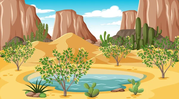 Wüste Waldlandschaft Bei Tag Szene Mit Oase Illustration — Stockvektor