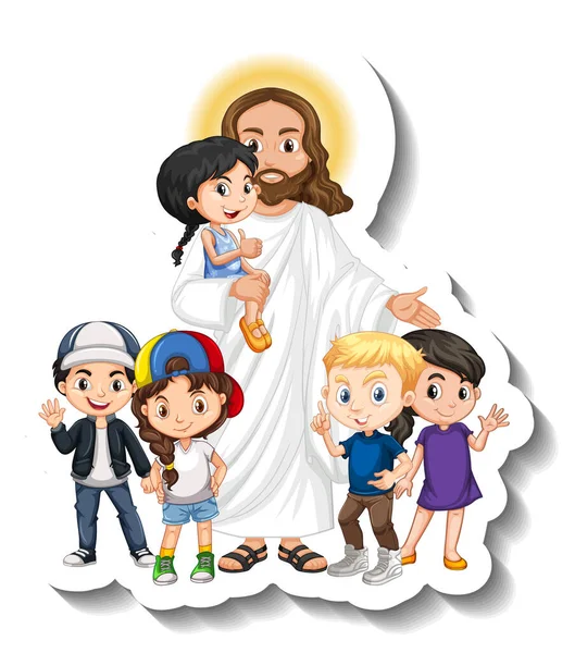 Jesus Christus Mit Kindergruppenaufkleber Auf Weißem Hintergrund — Stockvektor