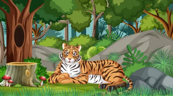 Tigre Escena Del Bosque Selva Tropical Con Muchos Árboles Ilustración — Archivo Imágenes Vectoriales