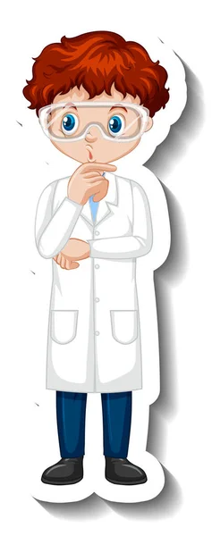卡通人物贴纸 上有一个身着科学长袍的男孩 — 图库矢量图片