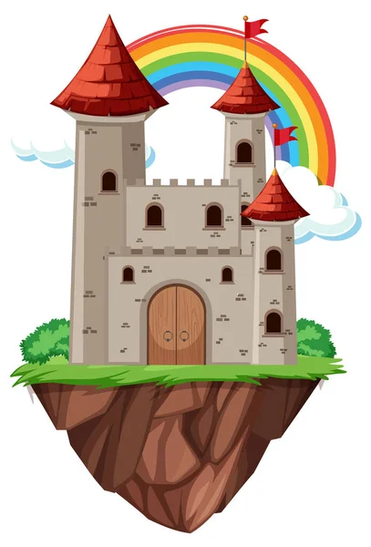 Sprookjeskasteel Met Regenboog Witte Achtergrond Illustratie — Stockvector