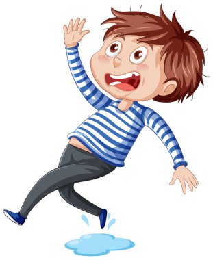 Beyaz arkaplanda ıslak zeminde kayan çocuk