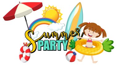 Bir kız çizgi film karakteri ve izole plaj eşyalarıyla yaz partisi metni.