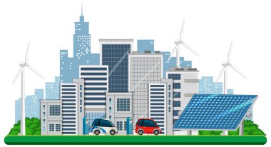 Rüzgar türbini ve güneş paneli illüstrasyonundan üretilen yeşil enerji