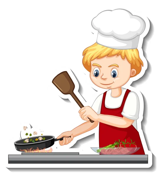 Sticker Design Chef Boy Cooking Food Cartoon Character Illustration — Stock Vector