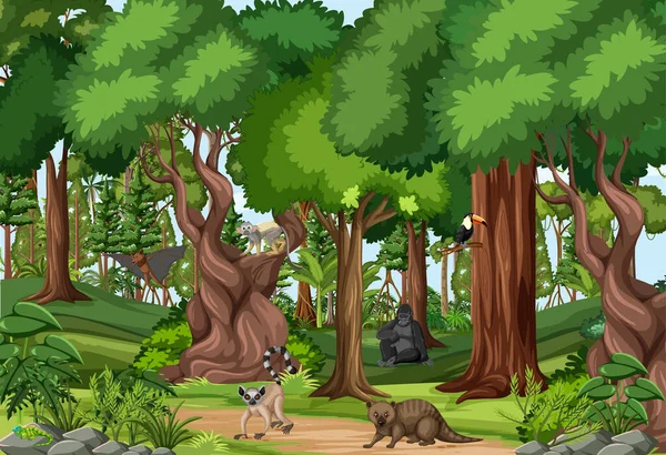 Тропічна Сцена Тропічних Лісів Різними Ілюстраціями Диких Тварин — стоковий вектор
