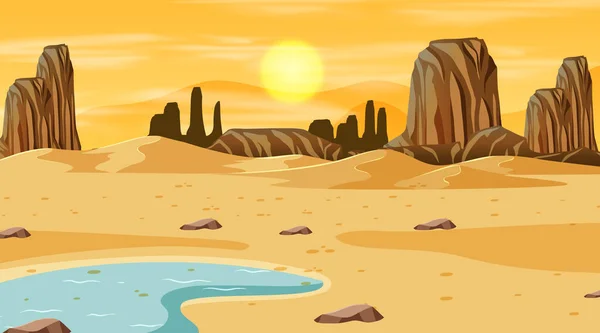 Deserto Paesaggio Forestale Tramonto Scena Del Tempo Con Illustrazione Oasi — Vettoriale Stock