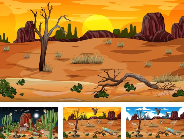 Különböző Jelenetek Sivatagi Erdő Táj Illusztráció — Stock Vector