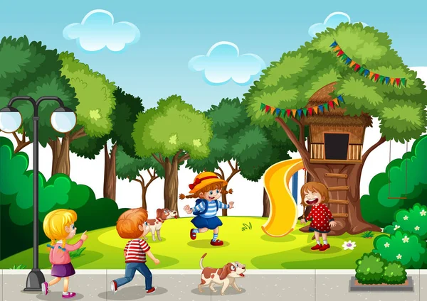 Scena Del Parco Giochi Con Molti Bambini Illustrazione — Vettoriale Stock