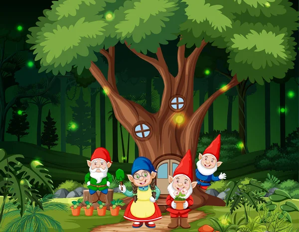 幻想森林场景与侏儒家庭插图 — 图库矢量图片