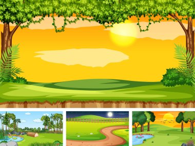 Doğa parkı ve orman illüstrasyonunun dört farklı sahnesi