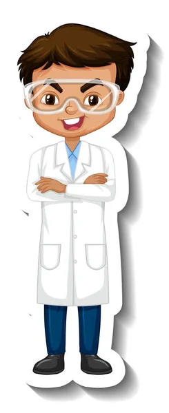 Cartoon Charakter Aufkleber Mit Einem Jungen Wissenschaftskleid Illustration — Stockvektor