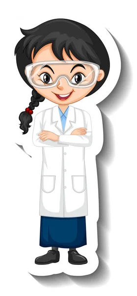 Desenhos Animados Personagem Adesivo Com Uma Menina Ciência Vestido Ilustração — Vetor de Stock