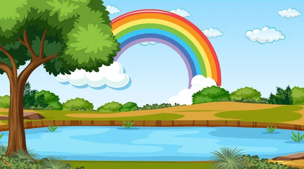 Fondo Escena Naturaleza Con Arco Iris Cielo Ilustración — Vector de stock