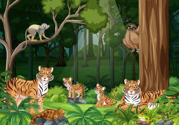 Familia Tigres Paisaje Forestal Fondo Ilustración — Archivo Imágenes Vectoriales