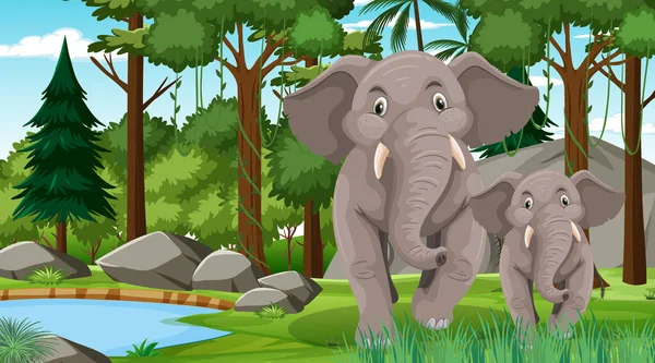 Слон Мама Ребенок Лесу Тропических Лесов Сцены Многими Деревьями Иллюстрации — стоковый вектор