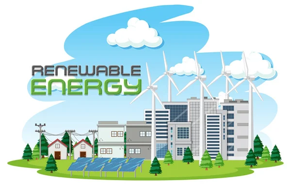 风力涡轮机和太阳能电池板图解产生的绿色能源 — 图库矢量图片