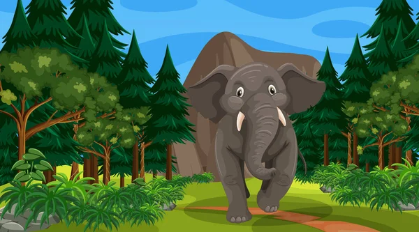 Éléphant Dans Forêt Forêt Tropicale Avec Nombreux Arbres Illustration — Image vectorielle