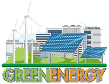 Rüzgar türbini ve güneş paneli illüstrasyonundan üretilen yeşil enerji