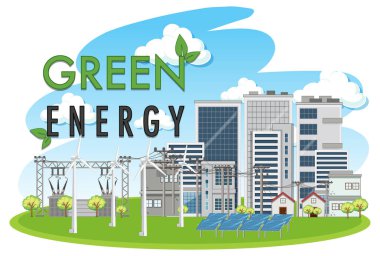 Rüzgar türbini ve güneş paneli illüstrasyonundan üretilen yeşil enerji
