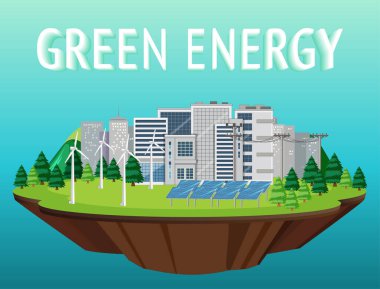 Rüzgar türbini ve güneş paneli illüstrasyonundan üretilen yeşil enerji