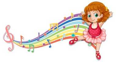 Gökkuşağı dalga resimlerinde melodi sembolleri olan balerin.