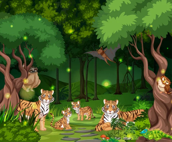 Familia Tigres Paisaje Forestal Fondo Ilustración — Vector de stock