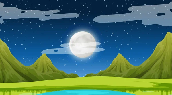 Scène Nature Nuit Avec Paysage Prairie Illustration Fond Montagne — Image vectorielle