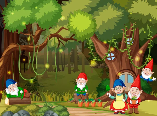 Fantasía Bosque Escena Con Gnome Familia Ilustración — Vector de stock