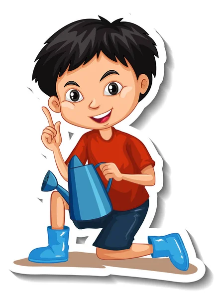 Boy Holding Watering Can Cartoon Character Sticker Illustration — Stock Vector