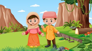 Müslüman çocukların olduğu doğa sahnesi geleneksel kıyafetler giyer ve orman illüstrasyonunda keşfe çıkar.