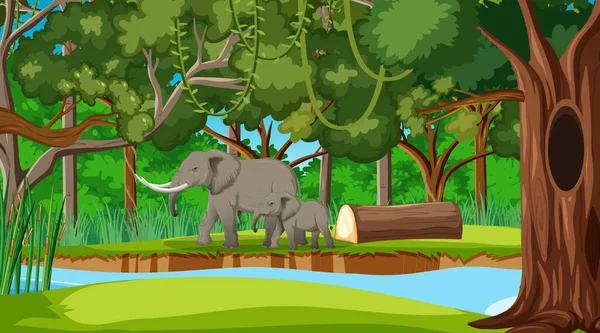 Una Mamá Elefante Bebé Escena Del Bosque Selva Tropical Con — Archivo Imágenes Vectoriales