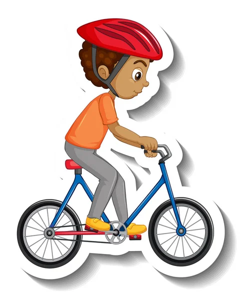 Niño Montando Una Ilustración Etiqueta Engomada Personaje Dibujos Animados Bicicleta — Vector de stock